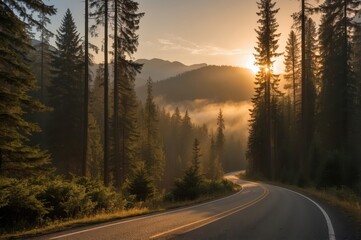 Poster - winding dirt road through forest at sunset
