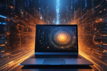 Poster - futuristic digital artwork with laptop and glowing circuits
