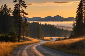 Poster - winding dirt road through forest at sunset
