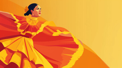 A dancer showcases a lively traditional performance in a striking colorful dress