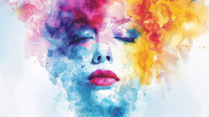 Wall Mural - A woman’s face is depicted with vibrant watercolor splashes in various hues blending seamlessly