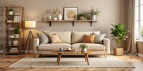 Wall Mural - Comfortable beige sofa in a cozy living room setting, beige, sofa, furniture, cozy, living room, interior, home, decor