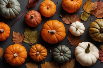 Poster - styled flatlay image featuring a grey background with pumpkins and leaves
