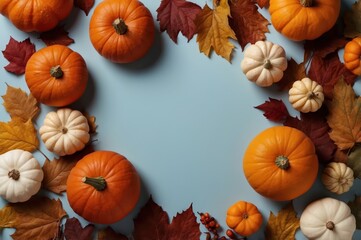 Poster - styled flatlay image featuring a light blue background with pumpkins and leaves
