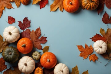 Canvas Print - styled flatlay image featuring a light blue background with pumpkins and leaves
