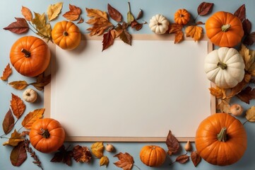 Wall Mural - flat lay autumn arrangement with pumpkins and leaves
