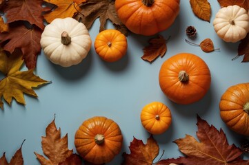 Wall Mural - flat lay autumn arrangement with pumpkins and leaves
