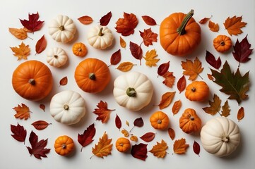 Canvas Print - flat lay autumn arrangement with pumpkins and leaves
