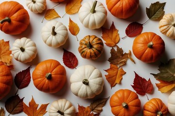 Canvas Print - flat lay autumn arrangement with pumpkins and leaves
