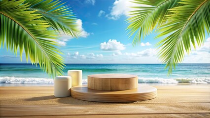 Wall Mural - Summer product display on a wooden podium at a tropical beach , summer, product, display, wooden, podium, tropical