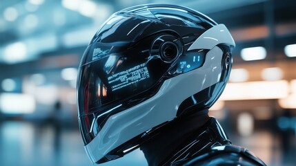 Poster - A sleek helmet reveals digital data through an advanced display in a contemporary setting, showcasing technology.