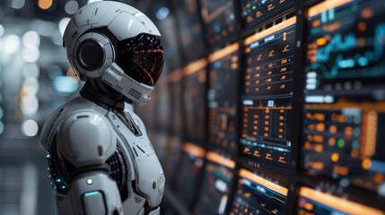  - futuristic robot analyzing complex data displays in high-tech control room