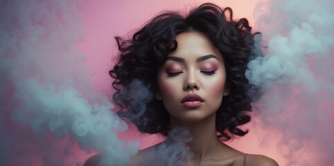 Canvas Print - stylized portrait of asian woman with curly hair and pink makeup
