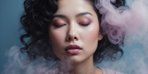 Canvas Print - stylized portrait of asian woman with curly hair and pink makeup
