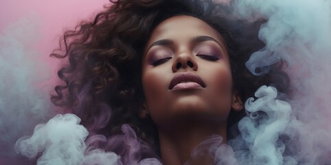 Wall Mural - stylized portrait of woman with curly hair and pink makeup
