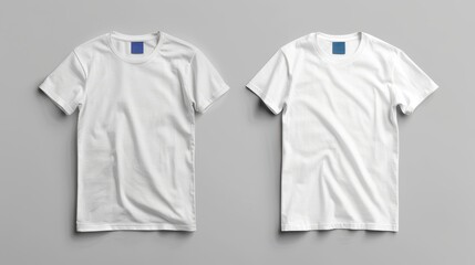 Wall Mural - Two clean, plain white t-shirts displayed on a gray background, perfect for fashion, printing, or branding mockups.