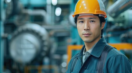 Engineer in a factory setting wearing a hard hat, looking confidently at the camera with machinery in the background
