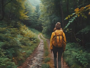 Sticker - Solo Hiker Explores Lush Forest Trail in Search of Tranquility and Connection with Nature