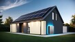 © Chaudhry - Modern luxury house with solar panels and storage batteries glowing blue LED light indicating its operation created with generative ai