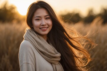 Poster - young woman smiling in golden hour light
