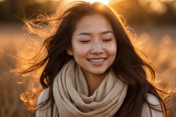 Canvas Print - young woman smiling in golden hour light
