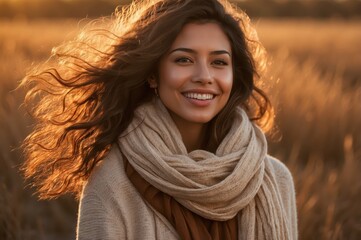 Wall Mural - young woman smiling in golden hour light
