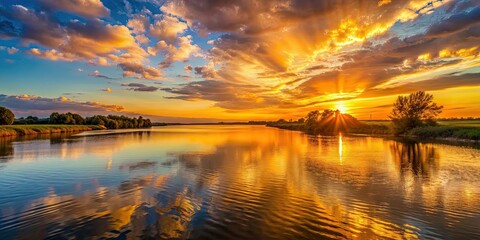 Sticker - Vibrant sunset casting a golden glow over the calm river, sunset, river, golden hour, reflection, serene, dusk, peaceful