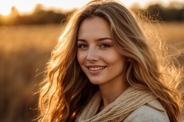 Sticker - young woman smiling in golden hour light
