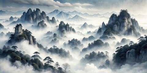 Wall Mural - Misty mountain landscape with clouds in traditional Chinese ink drawing style, mountains, misty, peak, landscape, clouds, Chinese