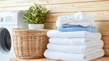 A wicker laundry basket overflows with freshly laundered white towels beside a washing machine in a sunlit laundry area