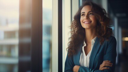 Wall Mural -  A confident young businesswoman smiles and looks out the office window. 