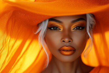 A beautiful black woman with white hair in an orange hat and dress, glitter lips, witchy aesthetic, sparkly makeup, bright orange, orange color theme for halloween