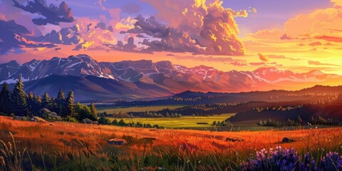 Sticker - Scenic landscape at sunset with mountains and meadows