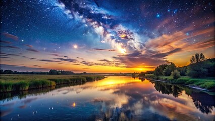 Sticker - Sunset over the river with a view to the stars, sunset, river, stars, sky, reflection, nature, peaceful, tranquil, dusk