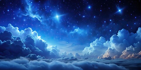 Sticker - Dark blue night sky with fluffy clouds and stars , night sky, dark blue, fluffy clouds, stars, peaceful, serene