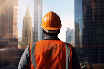 construction of a skyscraper, view of a worker in a orange helmet from behind,