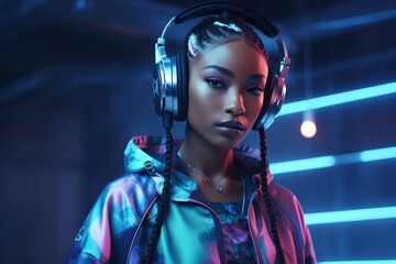 Wall Mural - Cyberpunk headphones, black woman and fashion in studio,