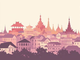 Risograph vibrant riso print travel poster, card, wallpaper or banner illustration, modern, isolated, clear, simple of Yangon, Myanmar. Artistic, screen printing, stencil