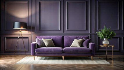 Sticker - Dark living room with sofa and lamp in deep dusty purple mauve color with violet accent furniture and gray mockup wall