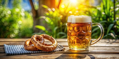 Sticker - Mug of beer and pretzel on a rustic table in a beer garden setting, beer, pretzel, mug, table, beer garden, outdoor, pub