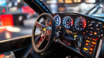 Aufkleber - The interior of a classic race car is showcased, highlighting its dashboard with gauges, buttons, and a sporty steering wheel accessible for enthusiasts.