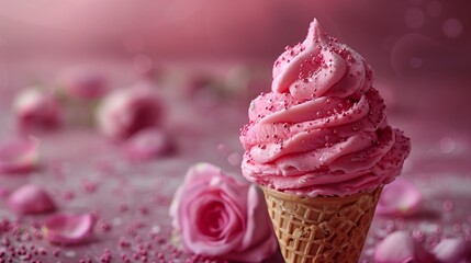 Sticker - Delicious Pink Frosted Ice Cream Cone Surrounded by Rose Petals in Soft Lighting