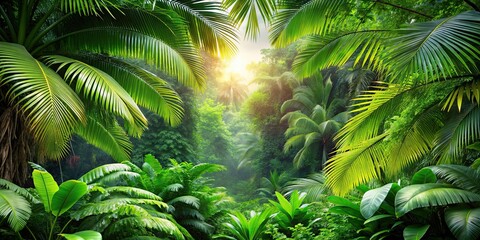 Canvas Print - Lush tropical vegetation with space for text, tropical, jungle, palm trees, foliage, greenery, exotic, rainforest