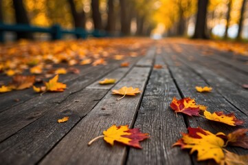 Poster - autumn leaves on wooden pathway
