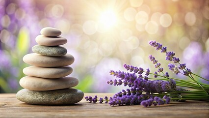 Canvas Print - Spa relaxation with piles of smooth stones and lavender , spa, relaxation, stones, lavender, wellness, tranquility