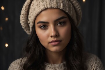 Canvas Print - young woman wearing knitted hat with bokeh background
