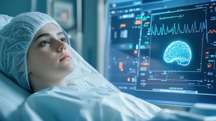 Poster - A woman is lying in a hospital bed with a monitor displaying a brain image