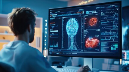 Poster - A man is looking at a computer monitor that displays a brain scan