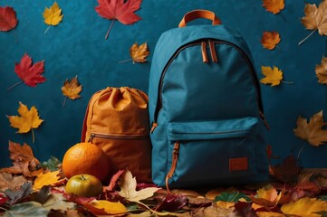 blue backpack on autumn leaves background
