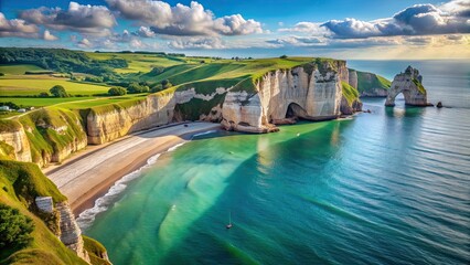 Sticker - Scenic view of the iconic cliffs and beach at Etretat, Normandy, France, Etretat, Seine-Maritime, Normandy, France